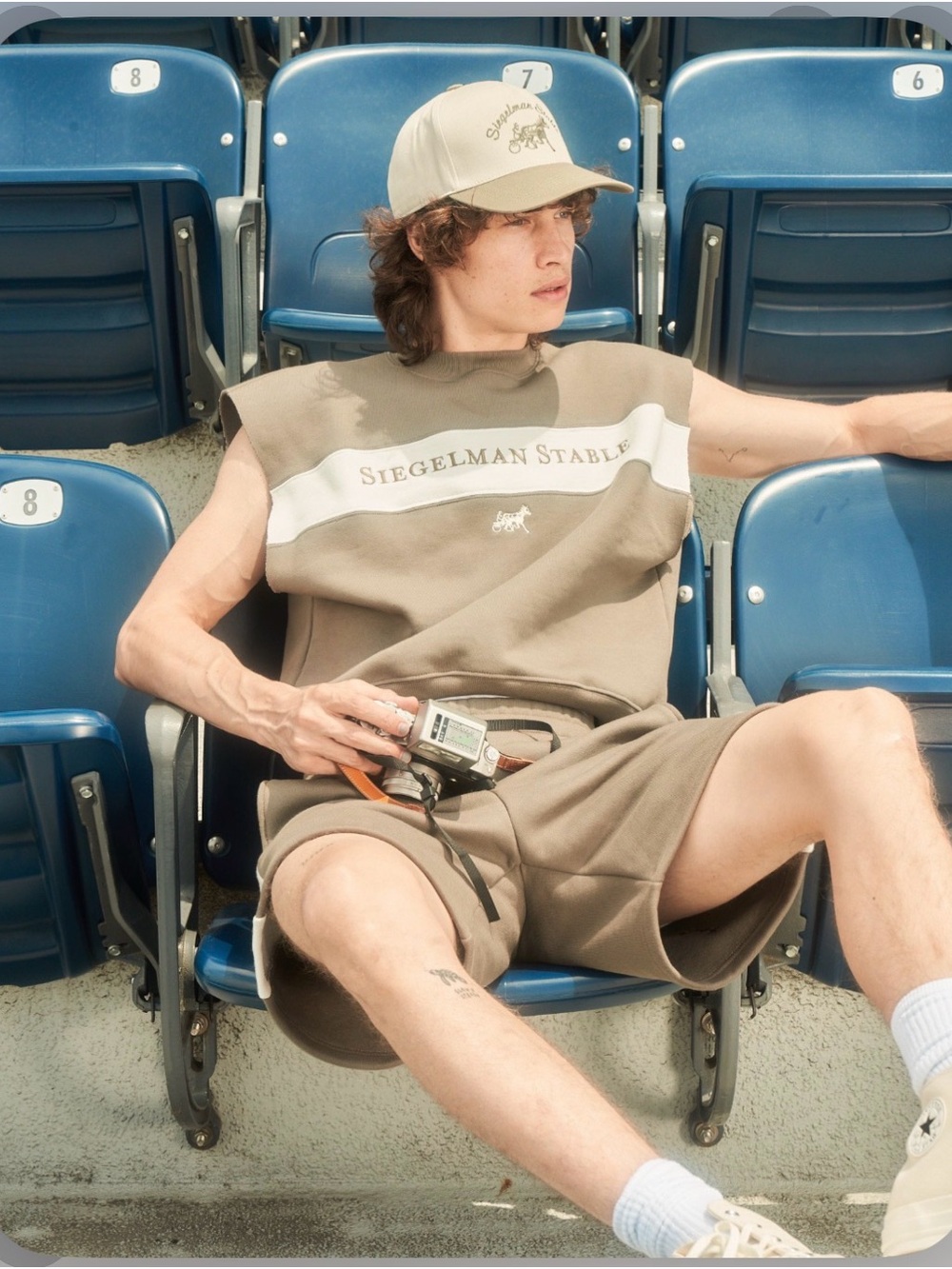 Siegelman Stable Men's Taupe Sleeveless Crew Sweatshirt with White Stripe